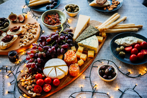 Obraz na płótnie Wooden board with different kinds of cheese and appetizers served for dinner or aperitivo party. w salonie