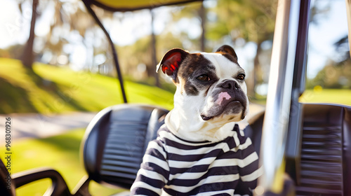 Adorable dog dressed in a striped shirt sitting patiently in a golf cart on a scenic outdoor landscape with grass trees and a tranquil atmosphere