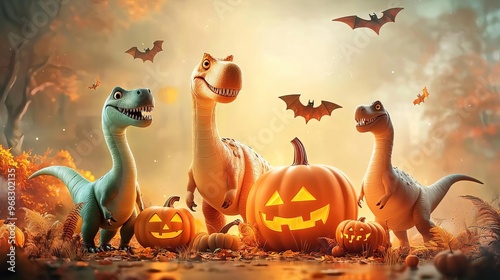 Fototapeta Naklejka Na Ścianę i Meble -  Halloween Dinosaurs  Group of dinosaur s posing with Halloween pumpkins, foggy background, 3D illustration