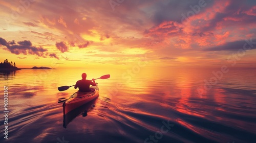 A kayaker paddling through calm ocean waters at sunset, with the sky glowing in warm colors.