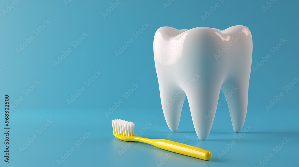 White 3D tooth model with yellow toothbrush White 3D tooth model with yellow toothbrush
