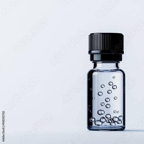 A clear glass vial filled with liquid, featuring bubbles, ideal for medical, cosmetic, or scientific uses. photo