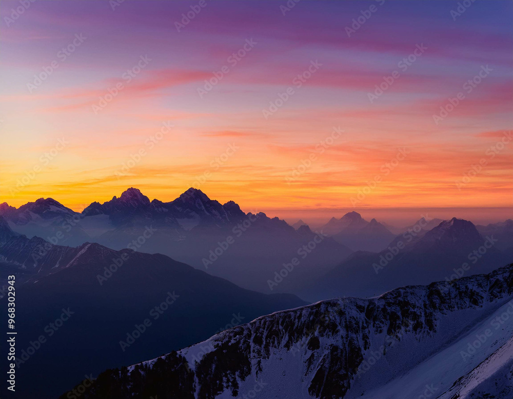 Obraz premium A breathtaking view of a mountain range at sunset, with the sky painted in shades of orange,