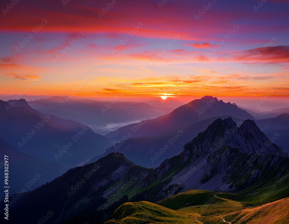 Fototapeta premium A breathtaking view of a mountain range at sunset, with the sky painted in shades of orange,