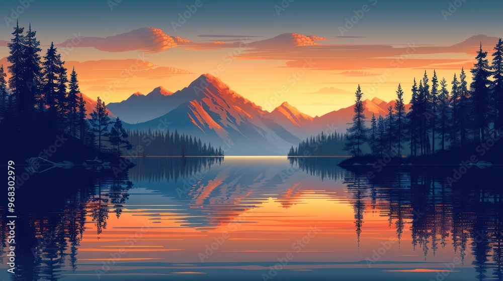 Fototapeta premium A serene landscape featuring mountains, a calm lake, and a colorful sunset reflecting on the water.