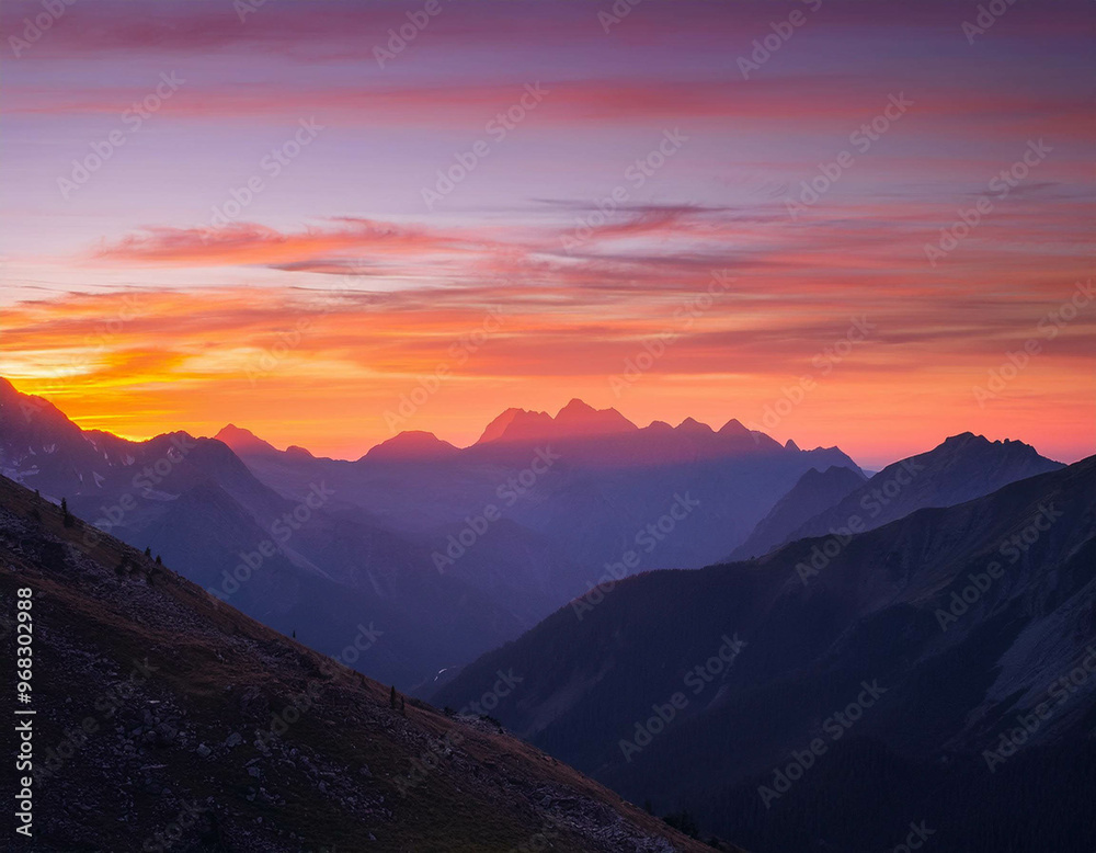 Fototapeta premium A breathtaking view of a mountain range at sunset, with the sky painted in shades of orange,