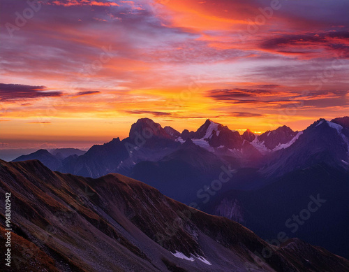 A breathtaking view of a mountain range at sunset, with the sky painted in shades of orange,