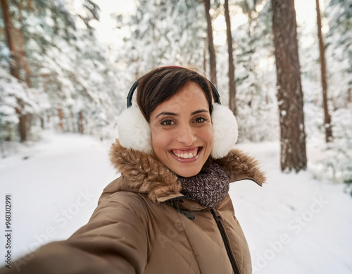 Smiling Hispanic Woman Winter Portrait in Snow Covered Forest