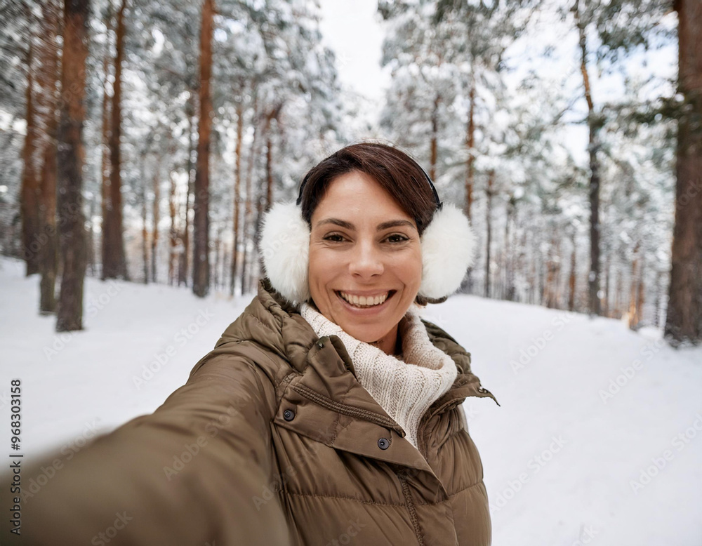 Smiling Hispanic Woman Winter Portrait in Snow Covered Forest Smiling Hispanic Woman Winter Portrait in Snow Covered Forest