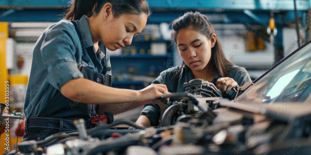 A young woman working on a car engine A young woman working on a car engine