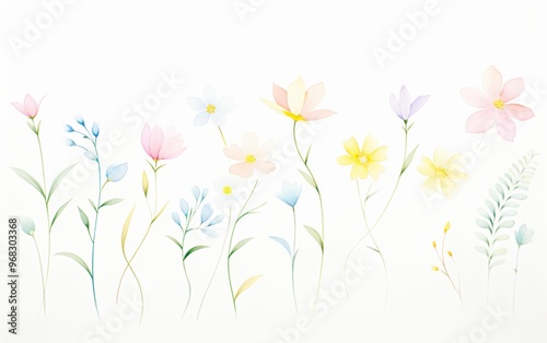 A delicate arrangement of pastel flowers and leaves, ideal for spring-themed designs and nature-inspired backgrounds.