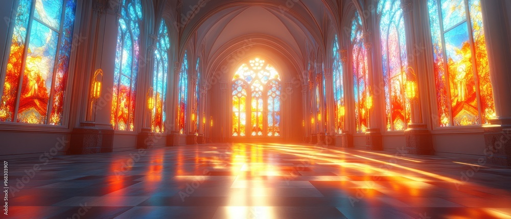 Sunbeams Streaming Through Stained Glass Windows in a Cathedral Hallway Sunbeams Streaming Through Stained Glass Windows in a Cathedral Hallway