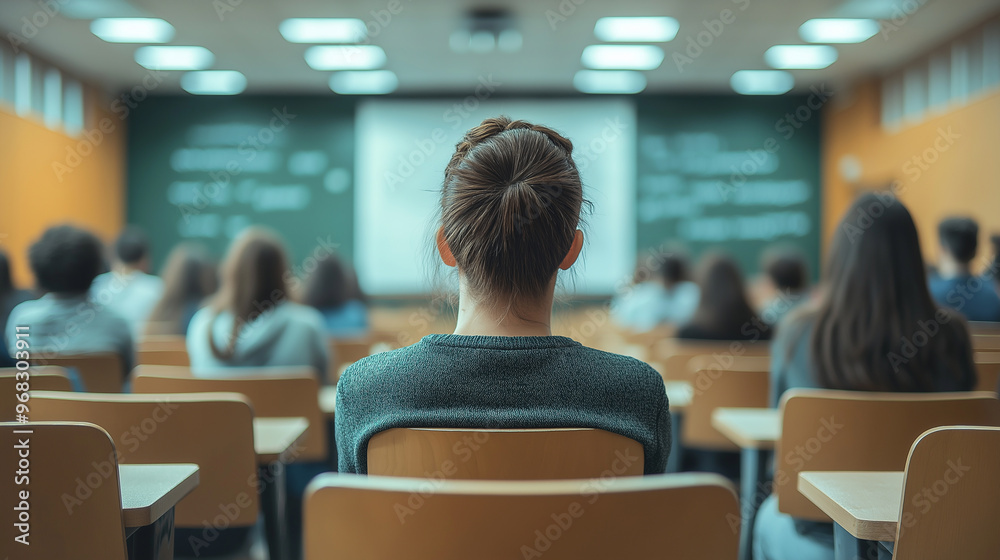 Woman Sitting in Classroom with Back to Camera Woman Sitting in Classroom with Back to Camera