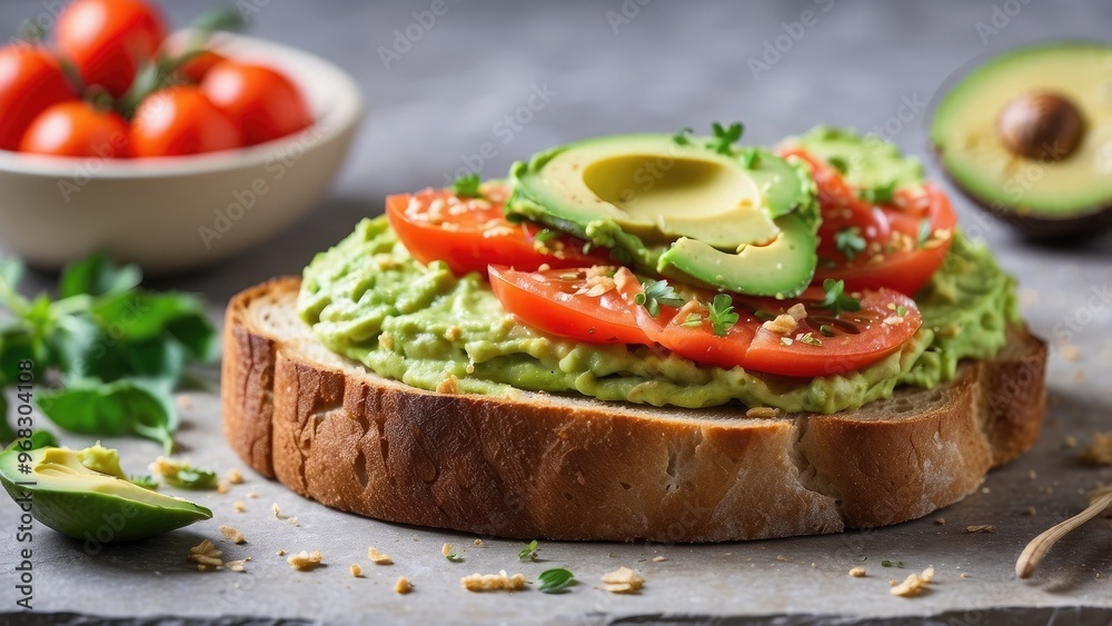 : A perfectly toasted slice of sourdough bread with smashed avocado and fresh tomato, making a delightful and healthy treat : A perfectly toasted slice of sourdough bread with smashed avocado and fresh tomato, making a delightful and healthy treat