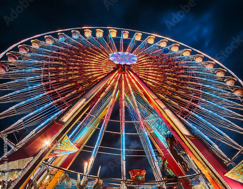 A brightly lit Ferris wheel spinning against a dark sky at a carnival. The vibrant lights cr