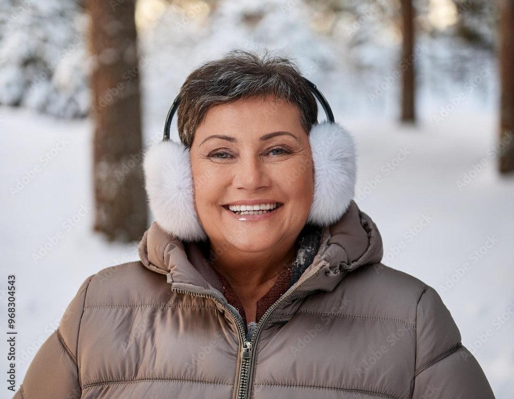 Smiling Hispanic Woman Winter Portrait in Snow Covered Forest Smiling Hispanic Woman Winter Portrait in Snow Covered Forest