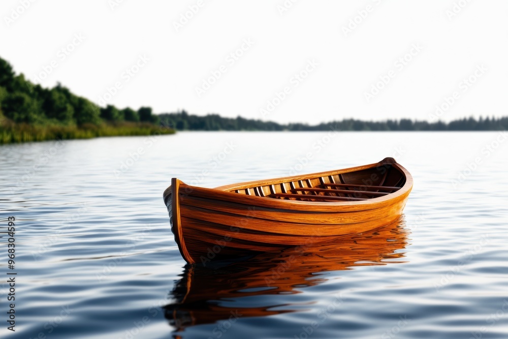 A serene wooden boat floats gently on calm waters, surrounded by lush greenery in a tranquil setting. A serene wooden boat floats gently on calm waters, surrounded by lush greenery in a tranquil setting.