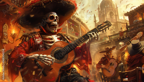 Skeleton dressed in a sombrero and playing a guitar. The scene is set in a city with a group of people playing instruments