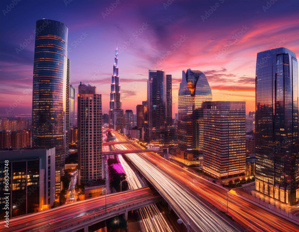 Fototapeta premium A city skyline at dusk, with modern skyscrapers lit up as the sun sets, casting a soft purpl