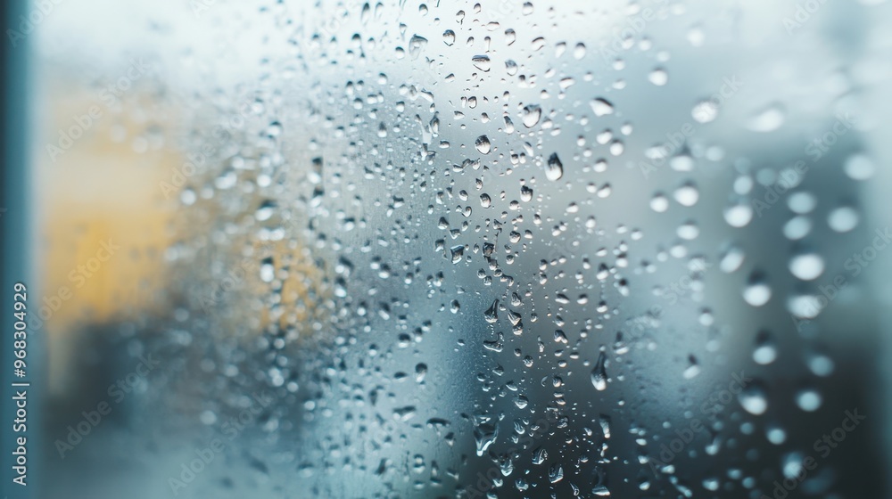 A close-up of water droplets forming on a window pane, indicating a leak in the house's seal. A close-up of water droplets forming on a window pane, indicating a leak in the house's seal.