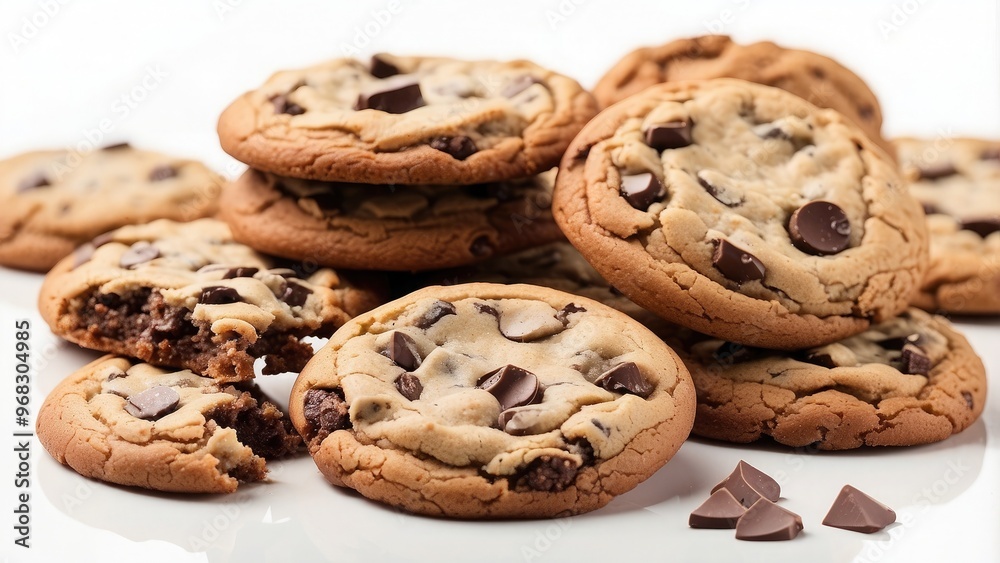 A tempting display of chocolate chunk cookies, with slightly crispy edges and soft centers filled with melty chocolate, isolated on white background. A tempting display of chocolate chunk cookies, with slightly crispy edges and soft centers filled with melty chocolate, isolated on white background.