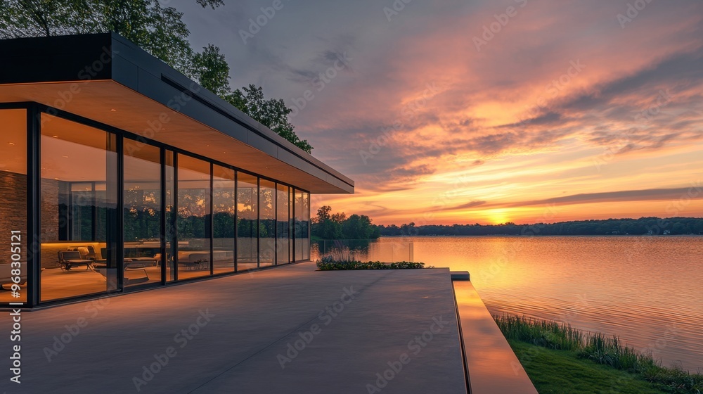A contemporary house with large glass windows, overlooking a serene lake at sunset.