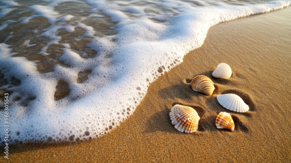 A peaceful beach scene with ocean waves gently lapping against seashells scattered on the sand. A peaceful beach scene with ocean waves gently lapping against seashells scattered on the sand.