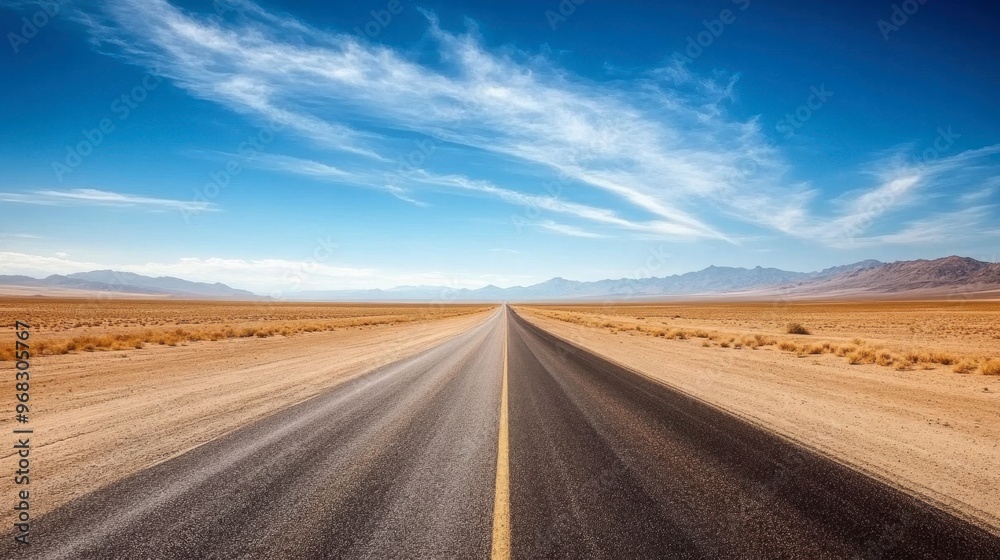 Fototapeta premium A desert highway stretching endlessly into the distance, with nothing but sand and sky in sight.