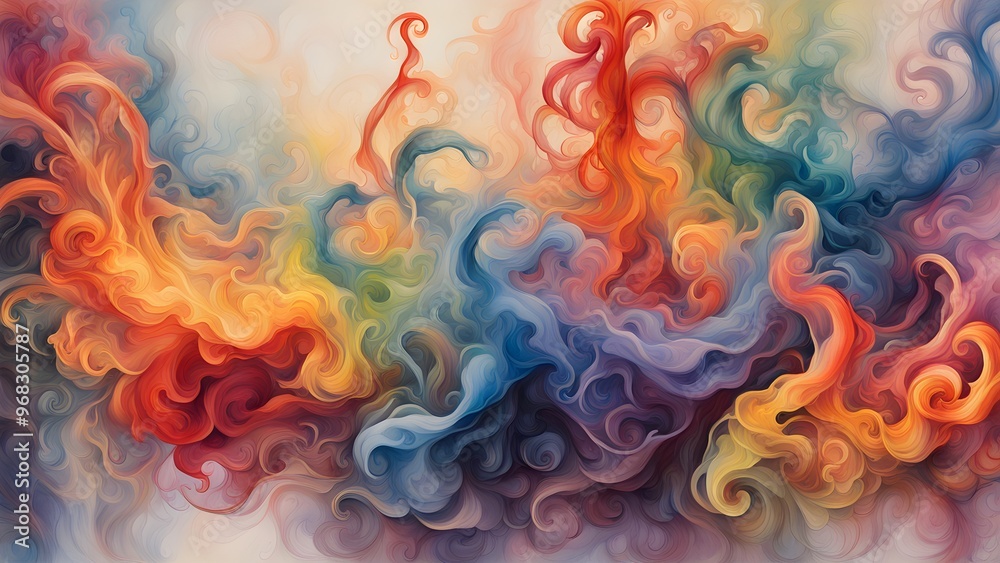 Fototapeta premium Abstract swirling colorful smoke on a light background.