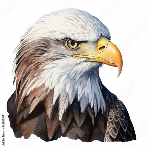 Majestic Bald Eagle Head Illustration - Watercolor Painting of American Symbol with Fierce Expression