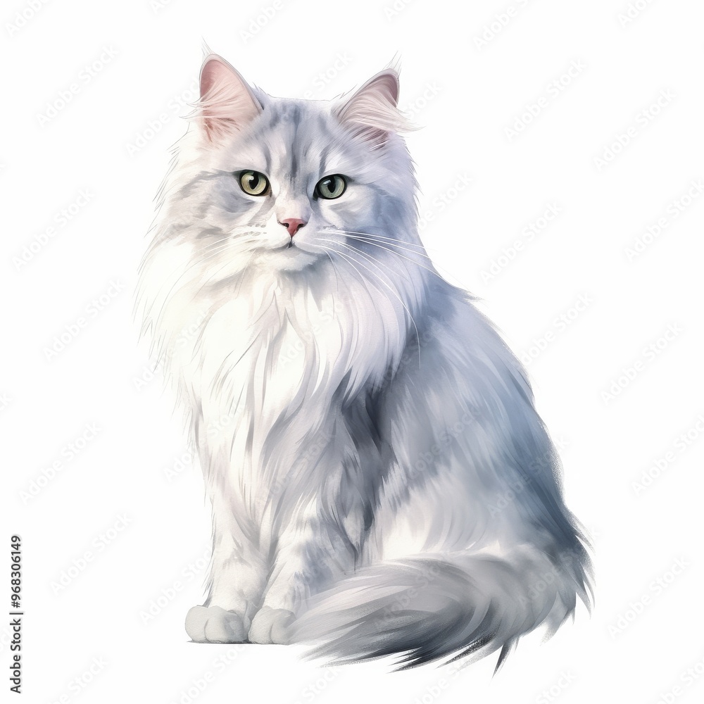 Obraz premium Stunning Illustration of Long-Haired Gray Cat on White Background - Perfect for Pet Lovers and Animal Art Enthusiasts