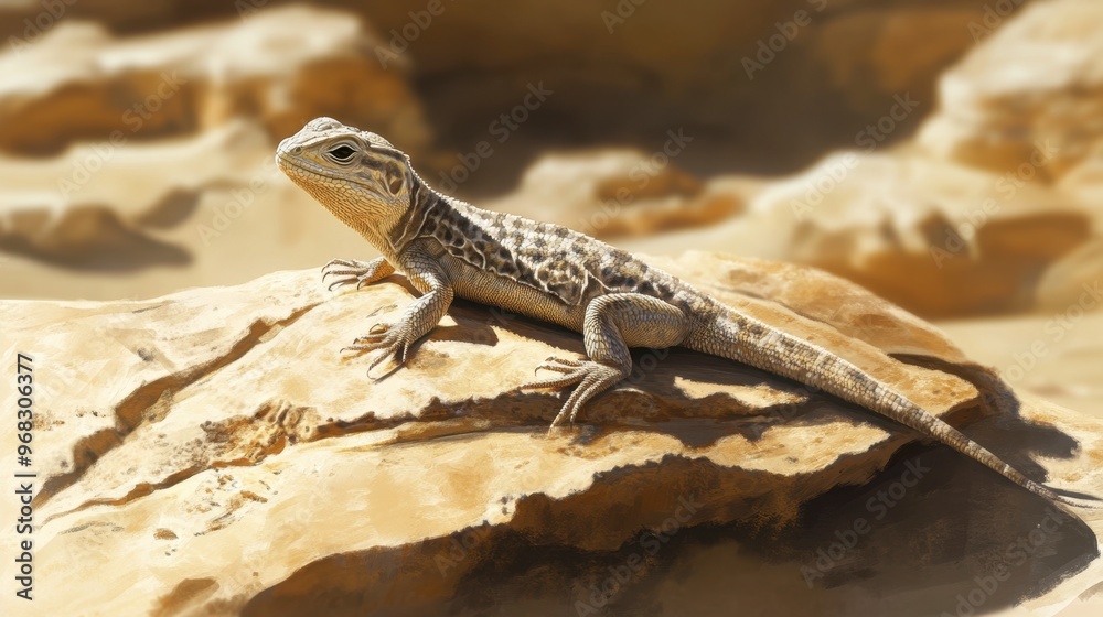 A desert lizard basking on a sun-drenched rock, blending in with the surrounding sand. A desert lizard basking on a sun-drenched rock, blending in with the surrounding sand.