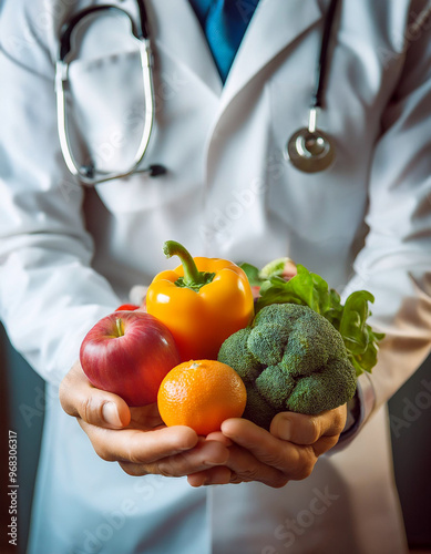 Nutritionist giving consultation to patient with healthy fruit and vegetable, Right nutrition and diet concept
