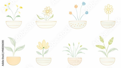 Colorful floral illustrations in pots, perfect for home decor, greeting cards, or nature-themed projects.