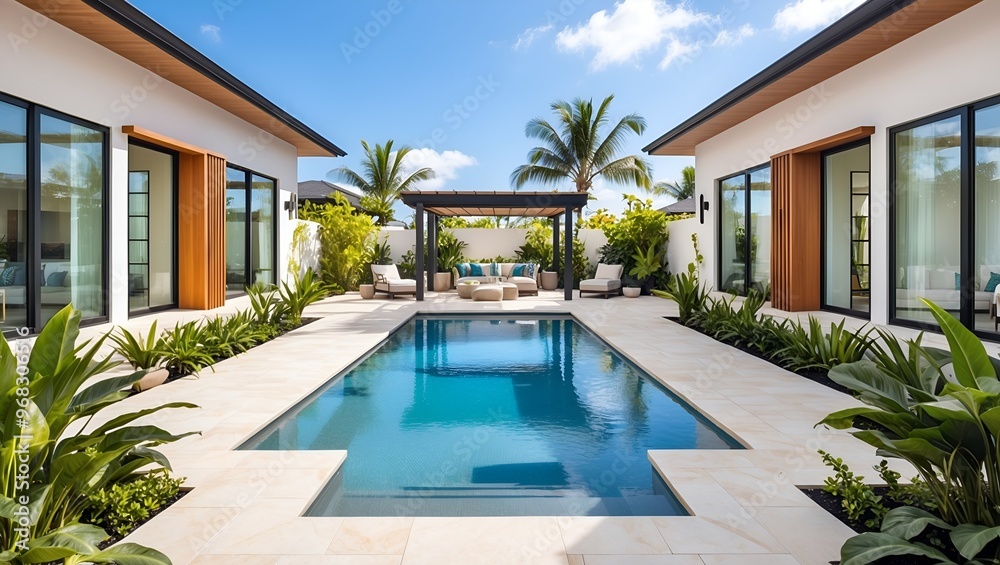 custom made wallpaper toronto digitalLuxurious outdoor setting featuring a rectangular swimming pool flanked by two modern