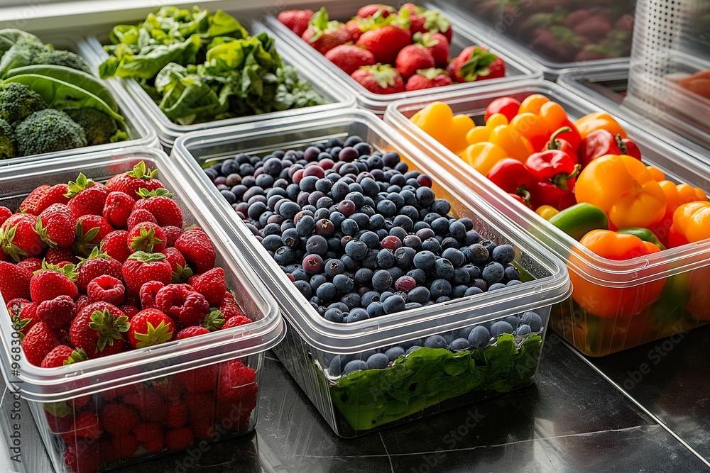 Fresh fruits and vegetables arranged in containers for meal prep in a clean kitchen on a sunny day Fresh fruits and vegetables arranged in containers for meal prep in a clean kitchen on a sunny day