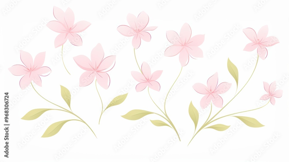 custom made wallpaper toronto digitalDelicate pink flowers with green leaves on a white background, perfect for spring-themed designs and floral projects.