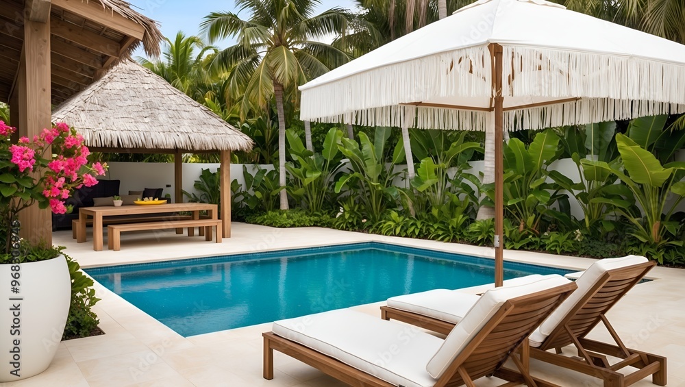 swimming pool surrounded by lush green foliage and palm trees. In the foreground, there are two wooden lounge chairs with white cushions, positioned under a large white fringed umbrella. swimming pool surrounded by lush green foliage and palm trees. In the foreground, there are two wooden lounge chairs with white cushions, positioned under a large white fringed umbrella.