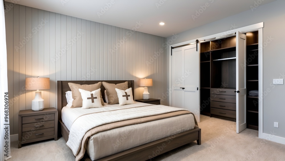 Fototapeta premium Modern, minimalist bedroom with a neutral color palette. The room features a large bed centered against a light gray, vertically paneled wall