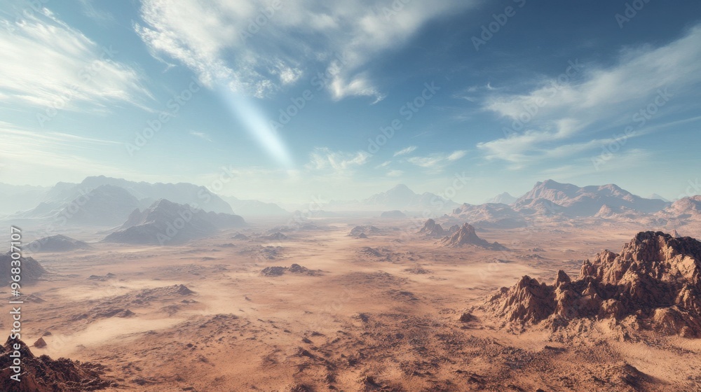 Fototapeta premium A distant mirage shimmering on the horizon, with the desert heat distorting the view.