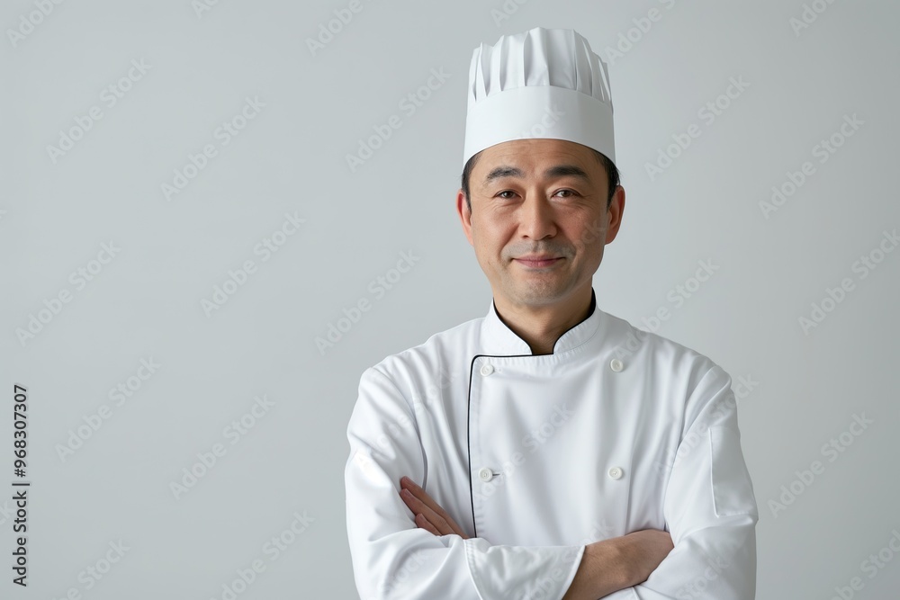 A cheerful Japanese chef stands confidently in a modern kitchen, showcasing culinary pride and passion for traditional cuisine A cheerful Japanese chef stands confidently in a modern kitchen, showcasing culinary pride and passion for traditional cuisine