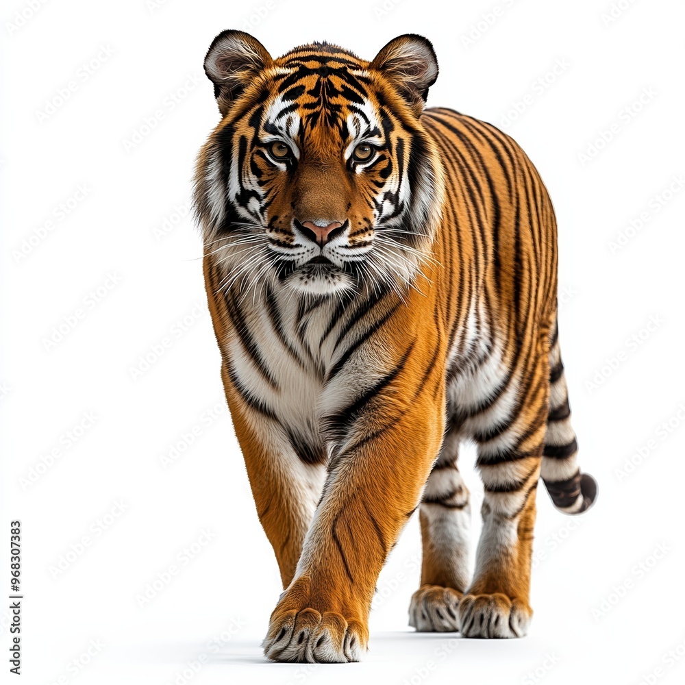 Majestic tiger walking forward, showcasing its striking orange fur and bold black stripes in a vibrant, natural pose. Majestic tiger walking forward, showcasing its striking orange fur and bold black stripes in a vibrant, natural pose.