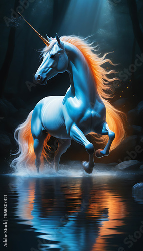 Majestic Unicorn Gliding Through Shallow Waters with Flowing Ethereal Mane—Luminous Coat and Glowing Magic Sparks Create Dramatic Contrast Against Dark, Mysterious Atmosphere