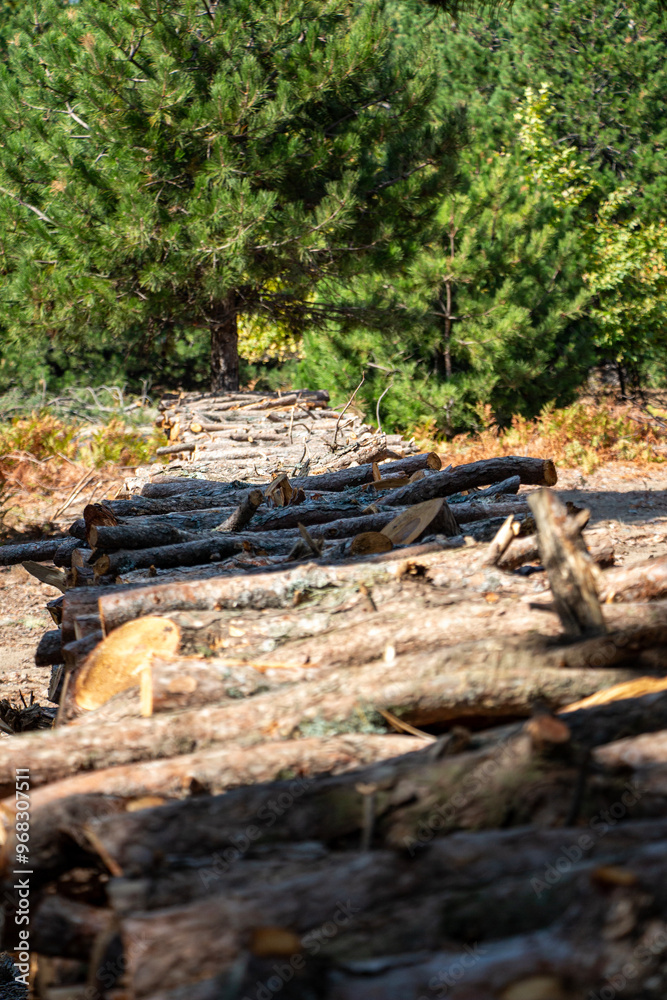 Pile of chopped firewood in forest. Firewood stacked on top of each other. Pile of sawn tree trunks in the forest, ready for winter. Woodpile of cut tree trunks in pine forest. Pile of chopped firewood in forest. Firewood stacked on top of each other. Pile of sawn tree trunks in the forest, ready for winter. Woodpile of cut tree trunks in pine forest.