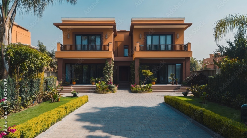 Fototapeta premium A duplex house with symmetrical designs, each side having its own entrance and garden.