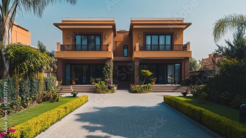 A duplex house with symmetrical designs, each side having its own entrance and garden.