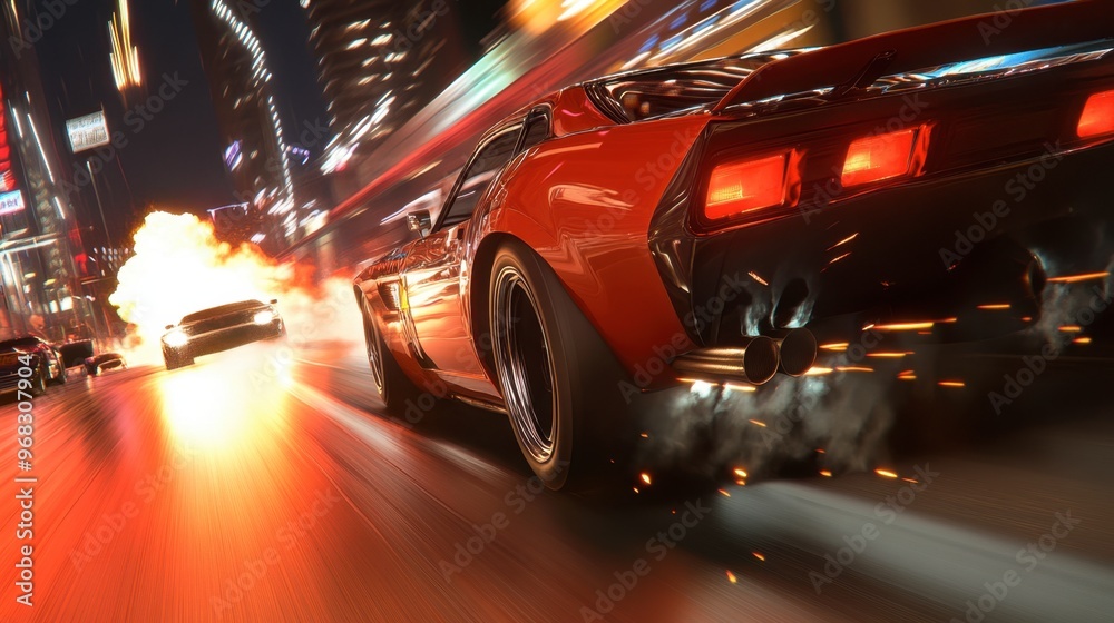 A fast-paced drag race on a straight track, with smoke and fire erupting from the cars exhausts. A fast-paced drag race on a straight track, with smoke and fire erupting from the cars exhausts.