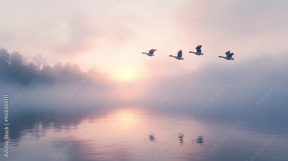 Fototapeta premium A flock of geese flying over a misty lake at dawn, with the water reflecting the soft morning light.