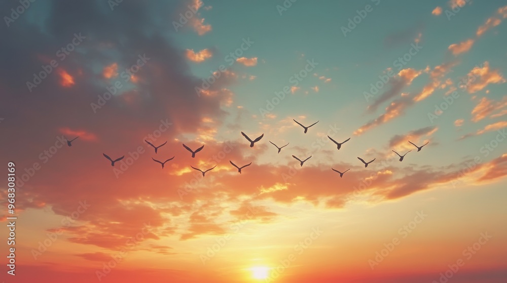 A flock of migrating birds flying in a V-formation against a dramatic sunset sky. A flock of migrating birds flying in a V-formation against a dramatic sunset sky.