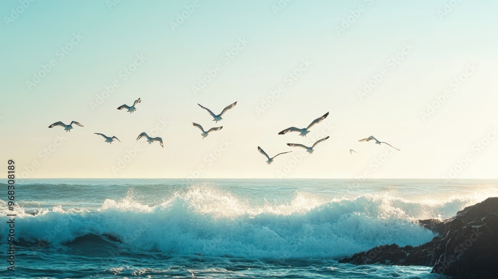 Fototapeta premium A flock of seagulls flying over the ocean, with the waves crashing below and the sky clear above.